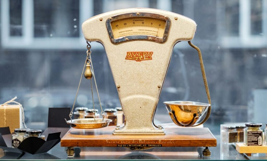 brown and beige weighing scale