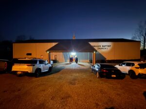 Outside photo of church building at night