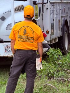 Disaster Relief volunteer looking at tree on roof
